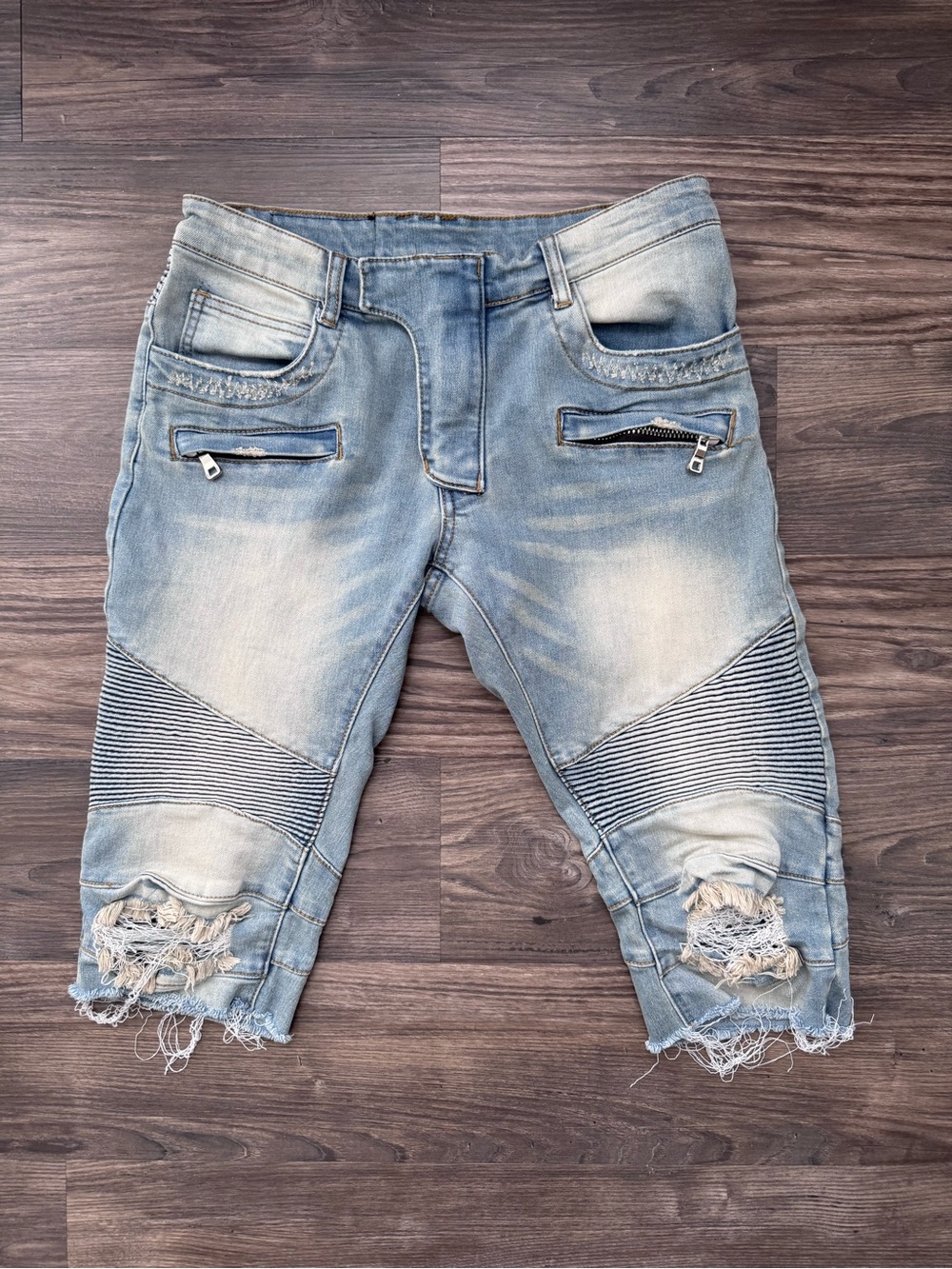 Balmain Light Blue Distressed Moto Jean Shorts